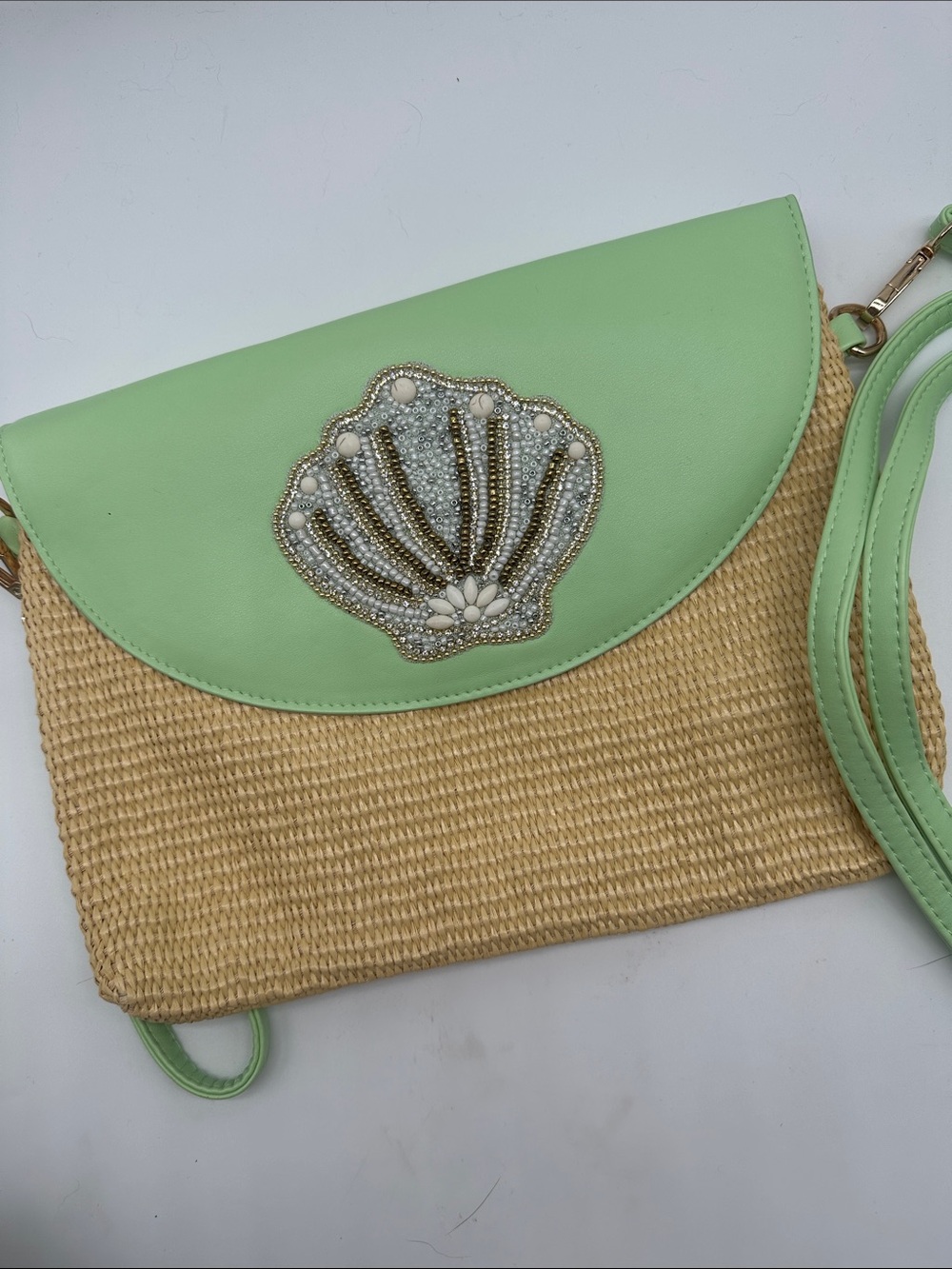 Mint Green Shell Embellished Straw Crossbody Bag